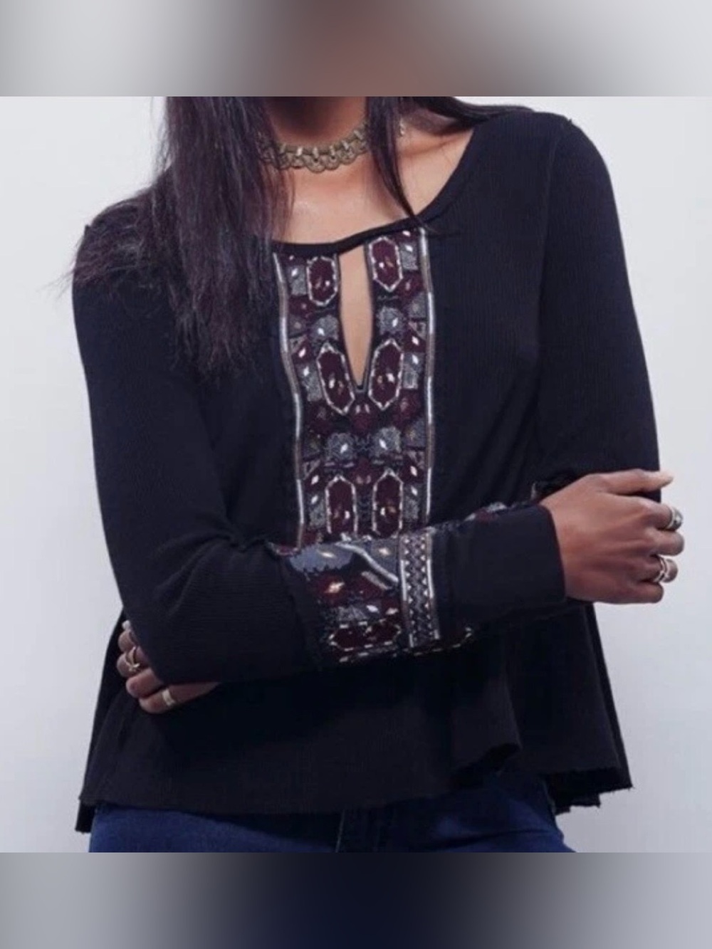 Free People X Marion Embroidered Thermal Black  Henley Tunic